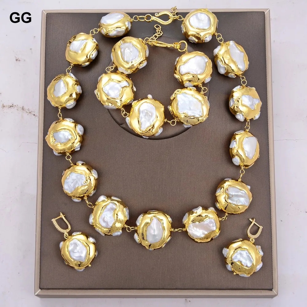 

GuaiGuai Jewelry Natural Freshwater Cultured White Keshi Pearl Gold Color Plated Wrap Bracelet Necklace Earrings Sets Punk Style