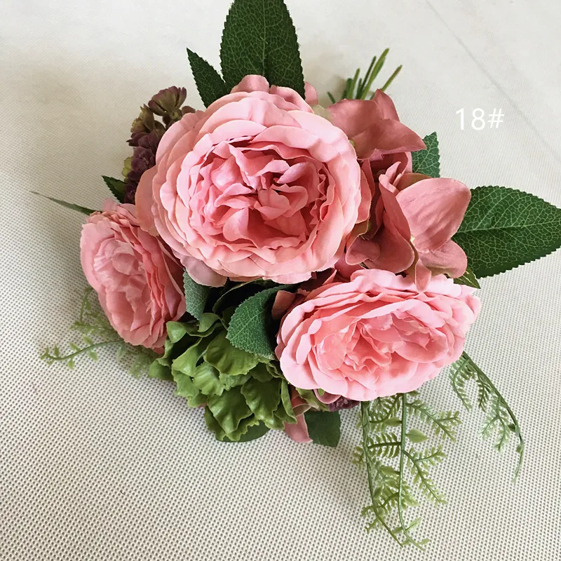 Little Austin Roses Artificial Flowers Bouquet Palm Leaf Succulent Hydrangea Bunch Wedding Bridal Bouquet Home Decoration Flower