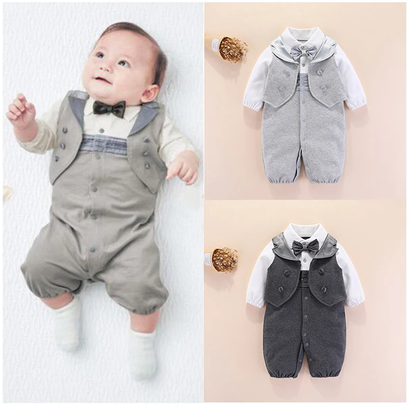 Spring Autumn Baby Boys Handsome Gentleman British Romper Long Sleeve Splicing  Jumpsuit + Vest 2Pcs Suit For Boy Kids Clothes