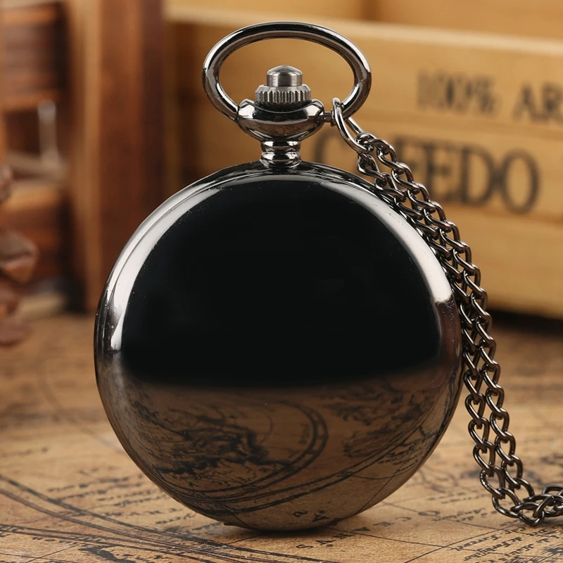 Royal Black Ball Shaped Quartz Pocket Watch Roman Numerals Dial Analog FOB Clock Chain Pendant Gold Necklace Watch for Men Women