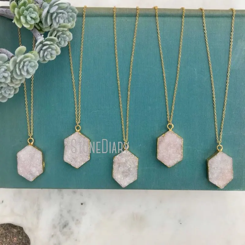 

NM14778 Natural Crystal Druzy Hexagon Pendant Gold Plated Chain Necklace Minimalist Bridesmaid Bride Gift