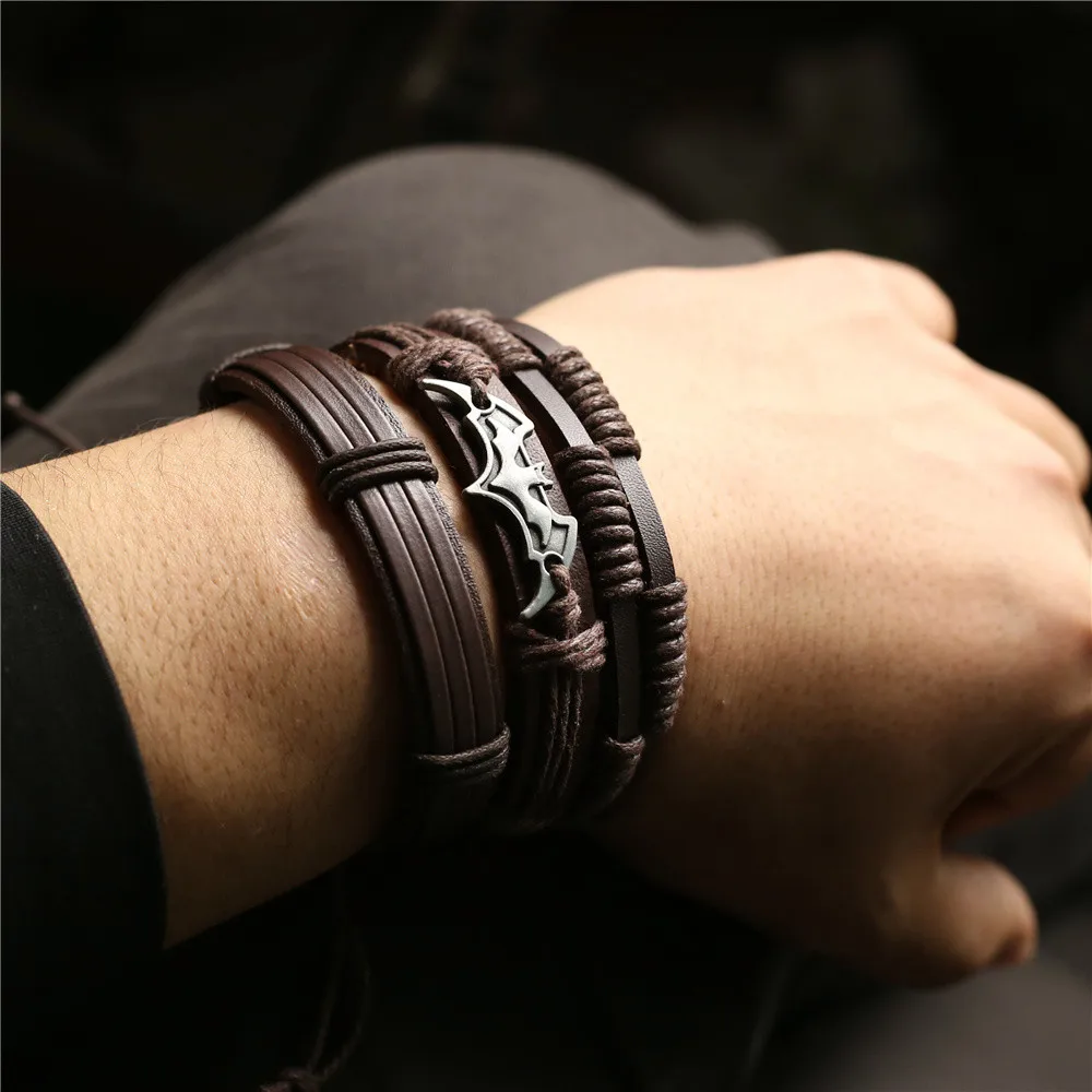 New 3 Pcs/set Brown Black Genuine Leather Bracelets Guitar Cross Bat Charm Men Bangles Women Homme Casual Gift Jewelry