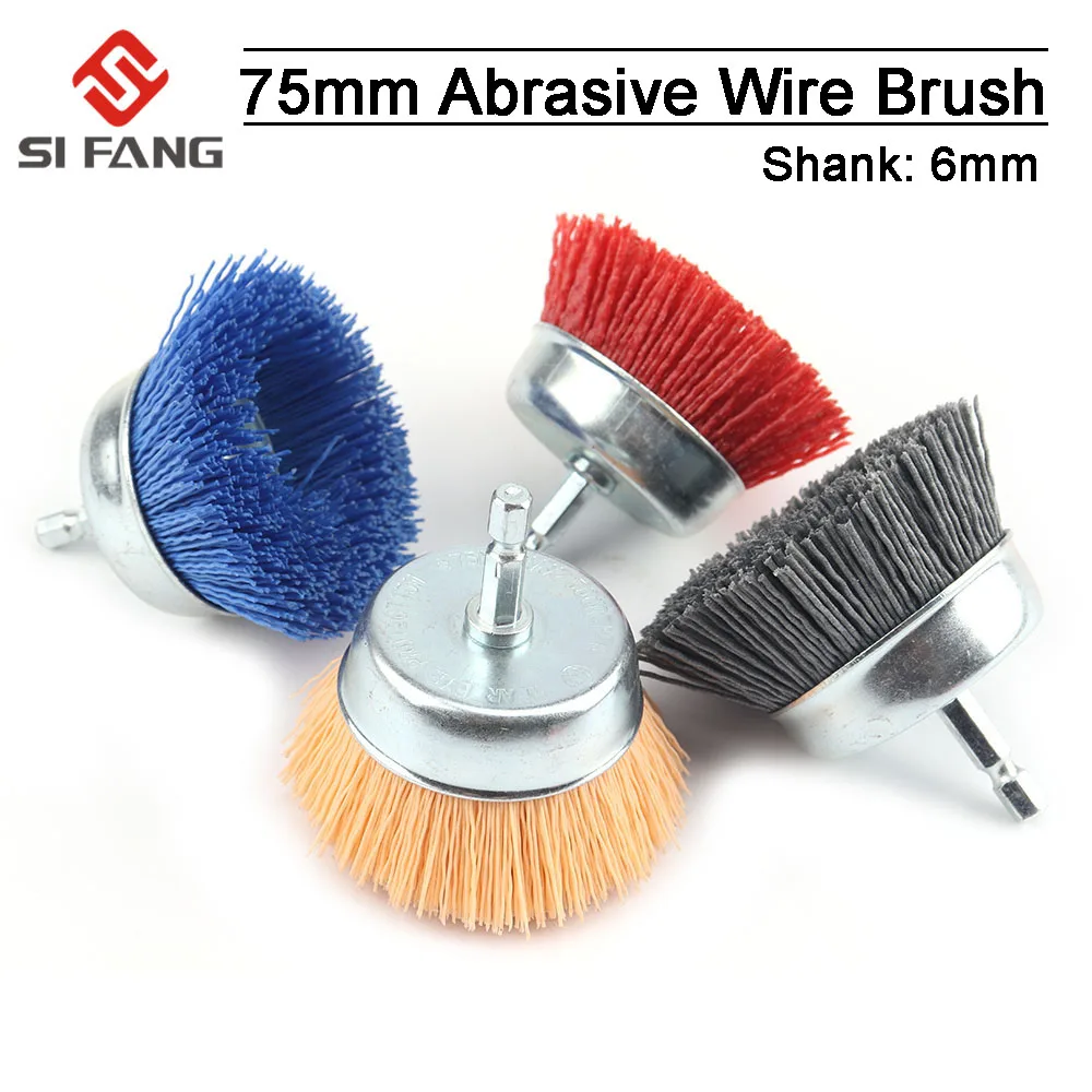 75MM Nylon Cup Brush Abrasive Wire Wheel Brush For Drill Rotary Tool Wood Polishing Deburring 6mm Shank With 80-240Grit