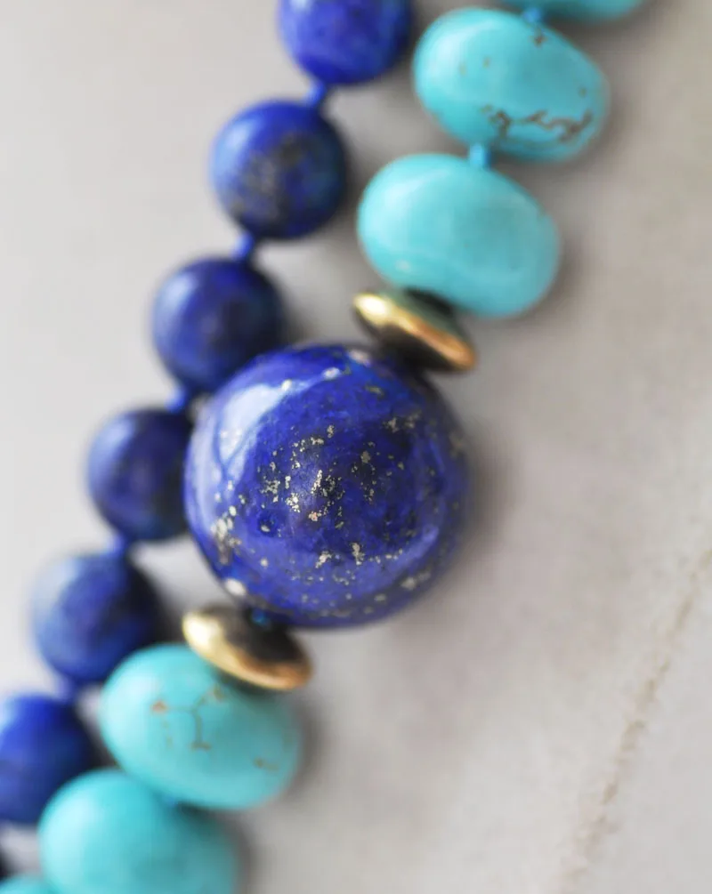 S2456 2Row 20mm Round Blue lapis-lazuli & Oblate Turquoise Necklace