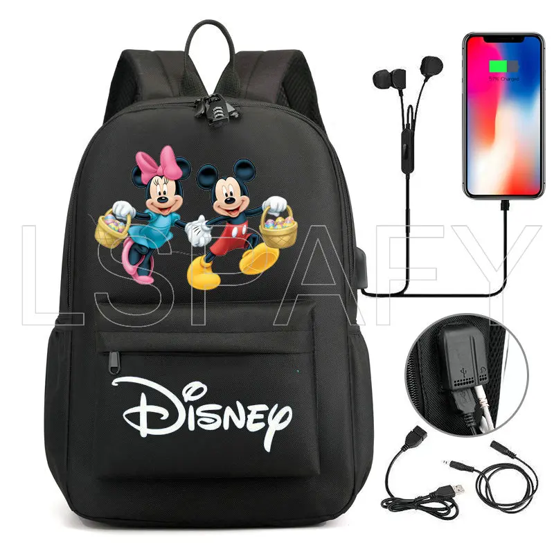 Disney Usb Charging Backpack Mickey Mouse Schoolbag Back To School Bookbag Teenager School Bags for Boys Girls Mochila