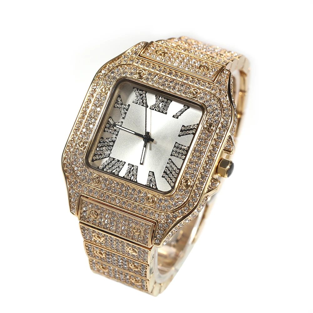 Hip Hop Full Iced Out Full Drill Men Square Matte Stainless Steel Fashion Luxury Rhinestones Quartz Square Business Watch