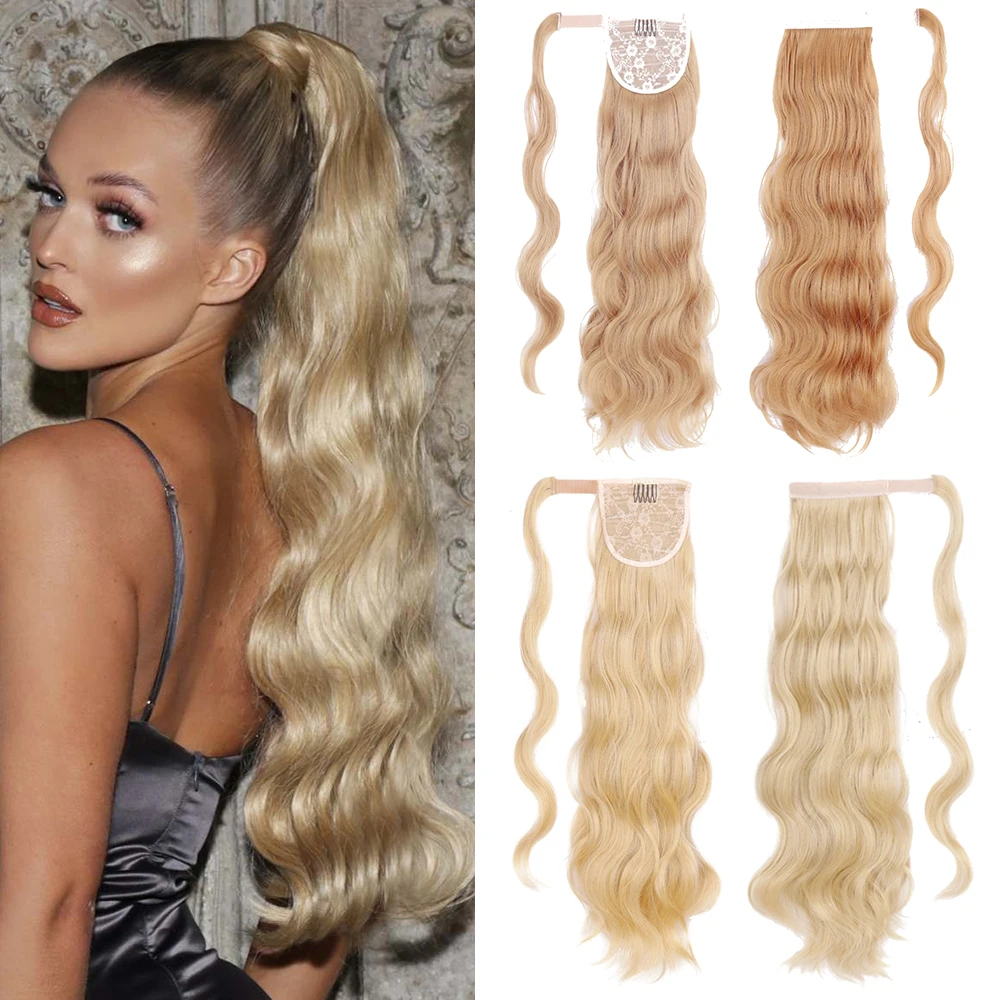 AZQUENN Synthetic Long Hollywood Wave Ponytail Wrap Around Pony Body Wave Clip in Hairpiece Blonde Wave Ponytails for Women