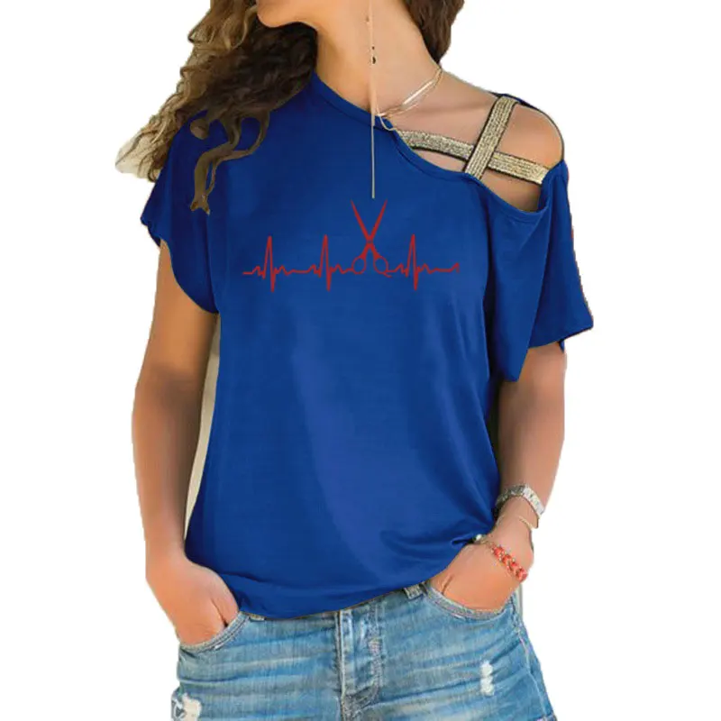 New Summer Heartbeat Hairdresser T Shirt Women Short Sleeve Girls Tshirt Barber T-shirt Irregular Skew Cross Bandage Tee