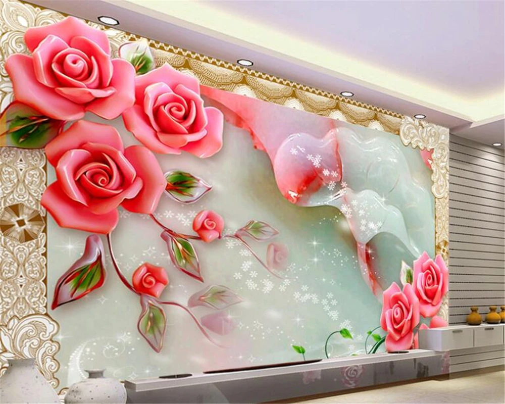 WELLYU 3d wallpaper Custom creative classic wallpaper 3D jade carved roses vine TV wall decoration painting papel de parede3D