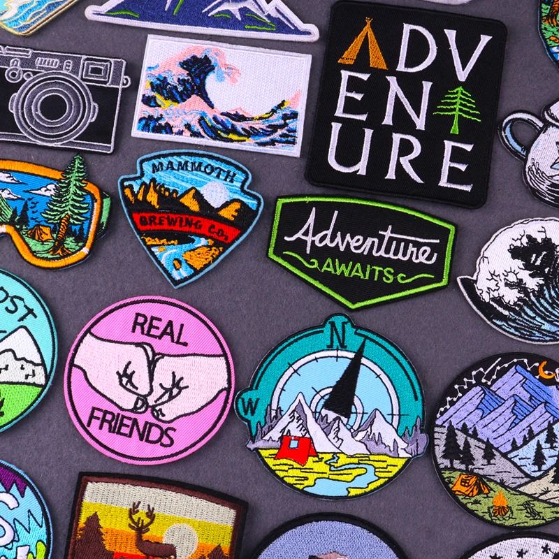 Adventure Travel Patches For Clothing Mountain Camping Badges Wave Stripes Iron On Patches On Clothes Outdoor Embroidery Patch