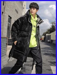 New Youth Handsome Glossy Trendy Down Jacket Mens Long Type Thickened Parka Coat 90%White Duck Down Clothes