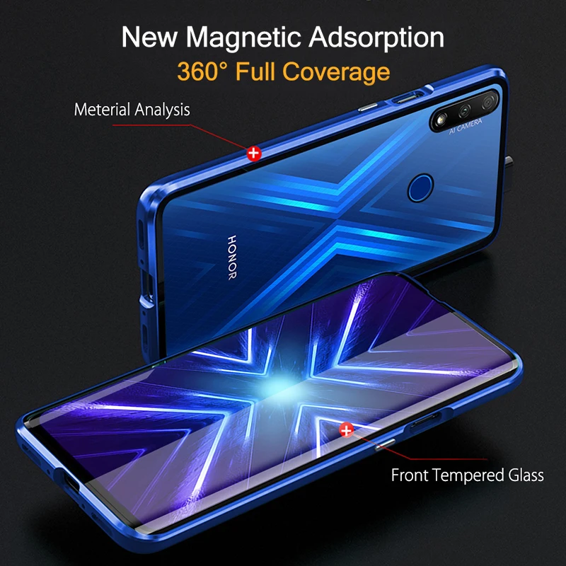 Double sided Magnetic 360 Case For Honor 20 20i 10 lite 9X 8X 30s Tempered Glass Metal Cover For huawei P20 P30 lite P40 cover