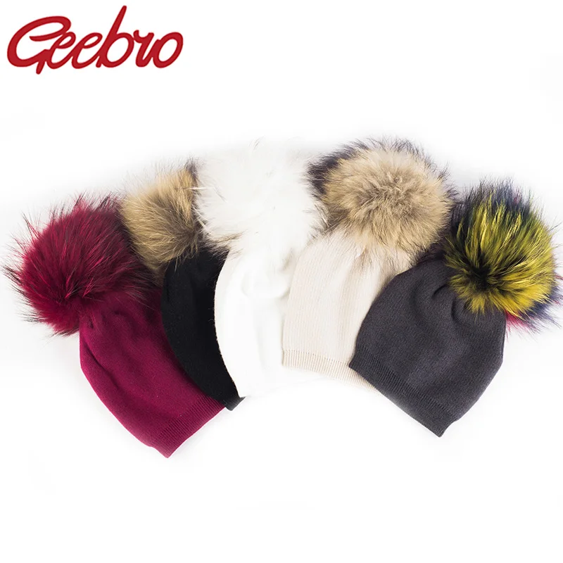 Geebro Children\'s Knit Hexagonal Cashmere Beanie Real Raccoon Fur Pom Pom Winter Hat Girl Warm Skullies Bone Kids Baby Soft Cap