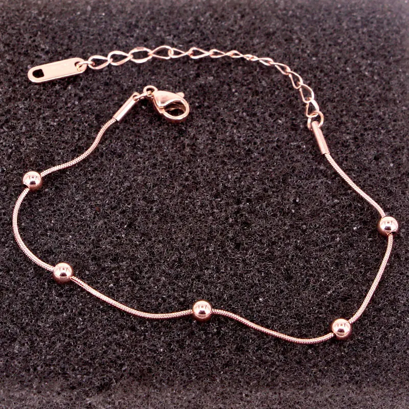 High Quality Simple Snake Bone Chain 5 Bead Anklet Stainless Steel Rose Gold Color Anklet For Women Gift Length 20cm + 5cm