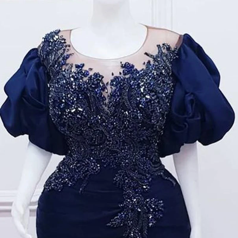 Navy Blue Prom Dresses Puffy Sleeves Sheer Neck Beads Appliques Plus Size Evening Dress Mermaid Formal Gowns robes de soirée