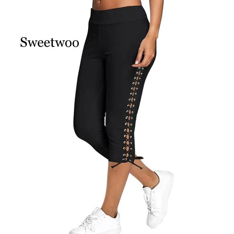 

Casual Women Leggings Lace-up Elastic Leggings Solid Seamless Gym Fitness Pants High Waist Sports Pants