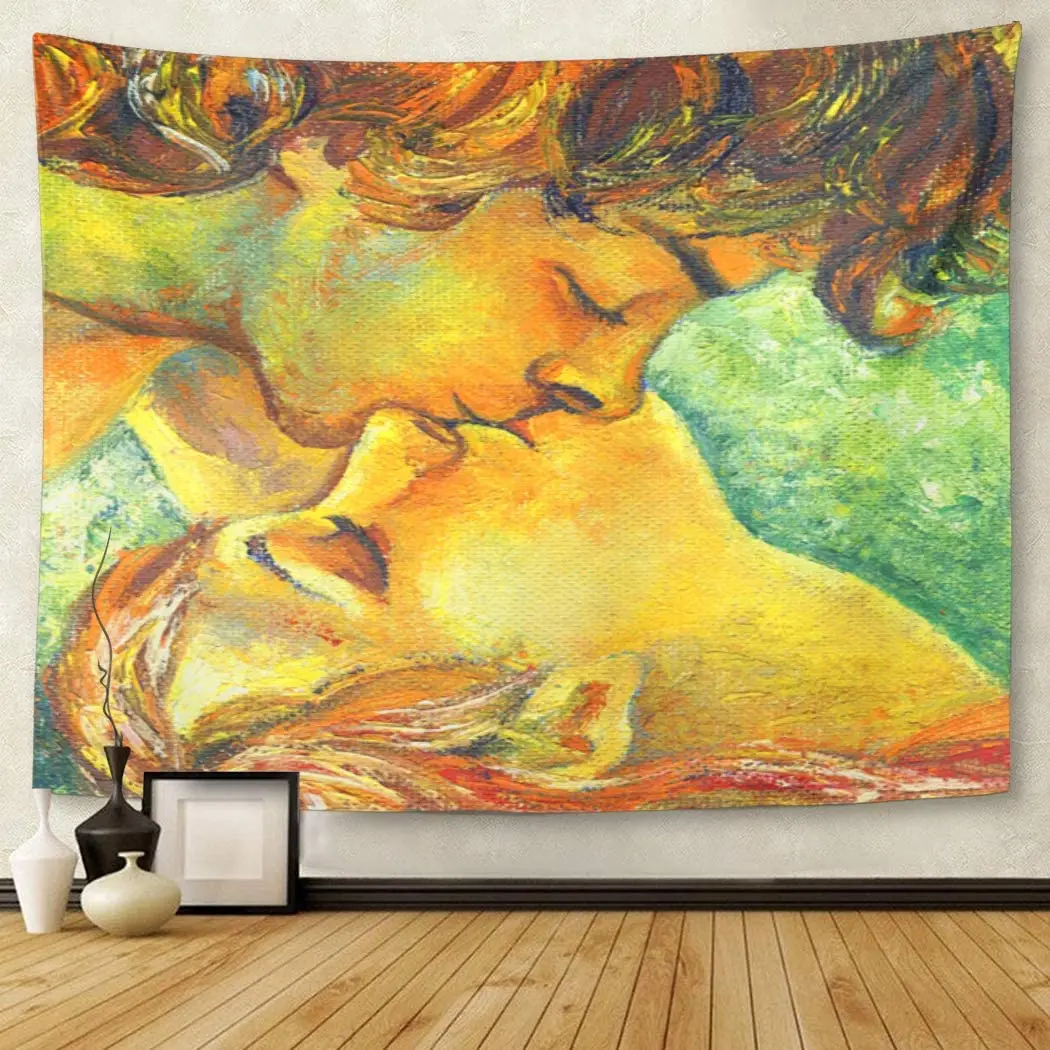 Blue Woman Oil Painting of Young Couple in Love Boy and Girl Kissing First Kiss Green Face Profile Tapestry Wall Hanging