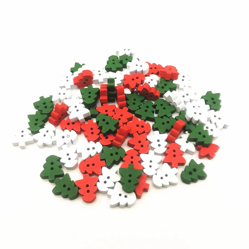 50pcs 13x11mm Wooden Red/Green/White Christmas Tree Buttons 2 Holes Cardmaking Scrapbooking DIY Crafts Sewing Xmas Decorations