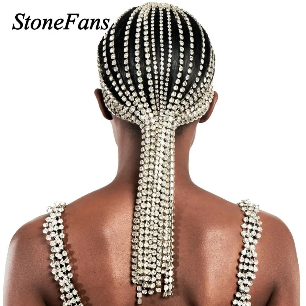 Stonefans Big Rhinestone Long Tassel Hair Chain Jewelry for Women Bling Luxury Crystal Headband Bridal Wedding Hair Jewelry Gift