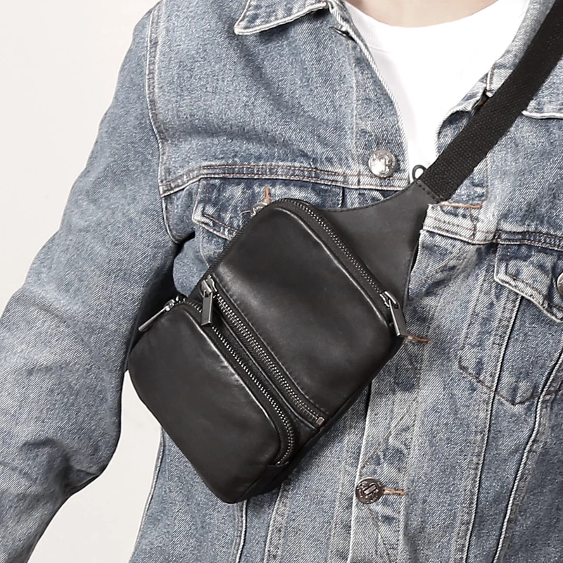 Mini bolsa de almacenamiento de cuero de vaca para hombre, bolso de pecho hecho a mano, de alta gama, informal, 100%