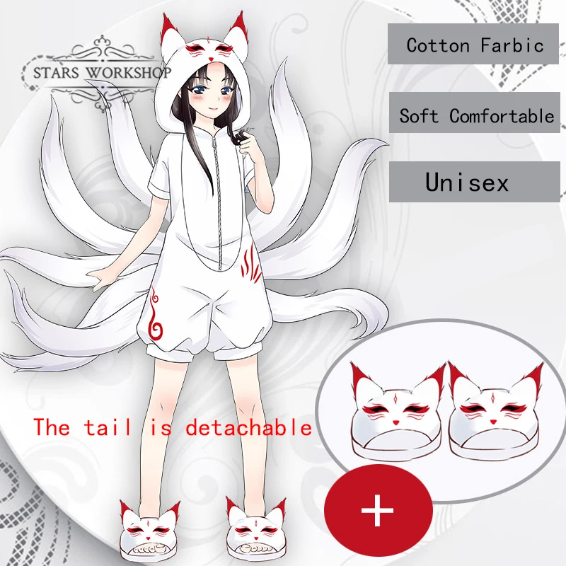 Anime Cartoon Fox Cosplay Costume Fox White Pajamas Adult Men Women Jumpsuits Summer Winter Flannel Home Sleepcoat