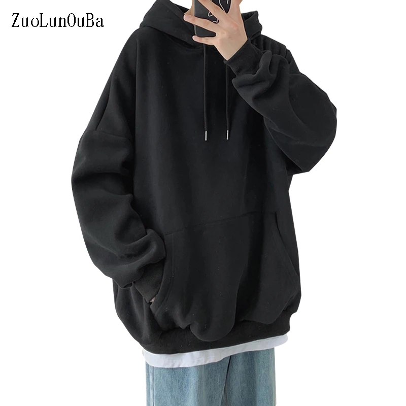 Fall Winter Men Sweatshirt Coat Cotton Thicken Long Sleeve Hoodie Loose Simple Black Pullover