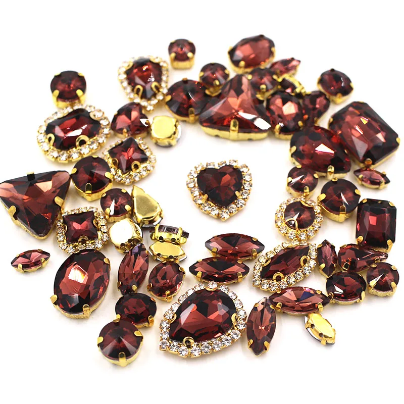 50pcs/Bag Wine Red Shiny Mixed Shape Sew on Glass Rhinestone Gold Claw Crystal Buckle Diy Wedding Decoration Clothes/Shoe/Dress