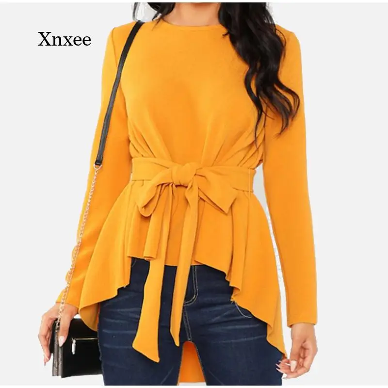 Women's Solid Blouse Irregular Swallowtail Tunic Slim O-Neck Long Sleeve Bow Fashion Women Blouses New Spring Casual Lady Top