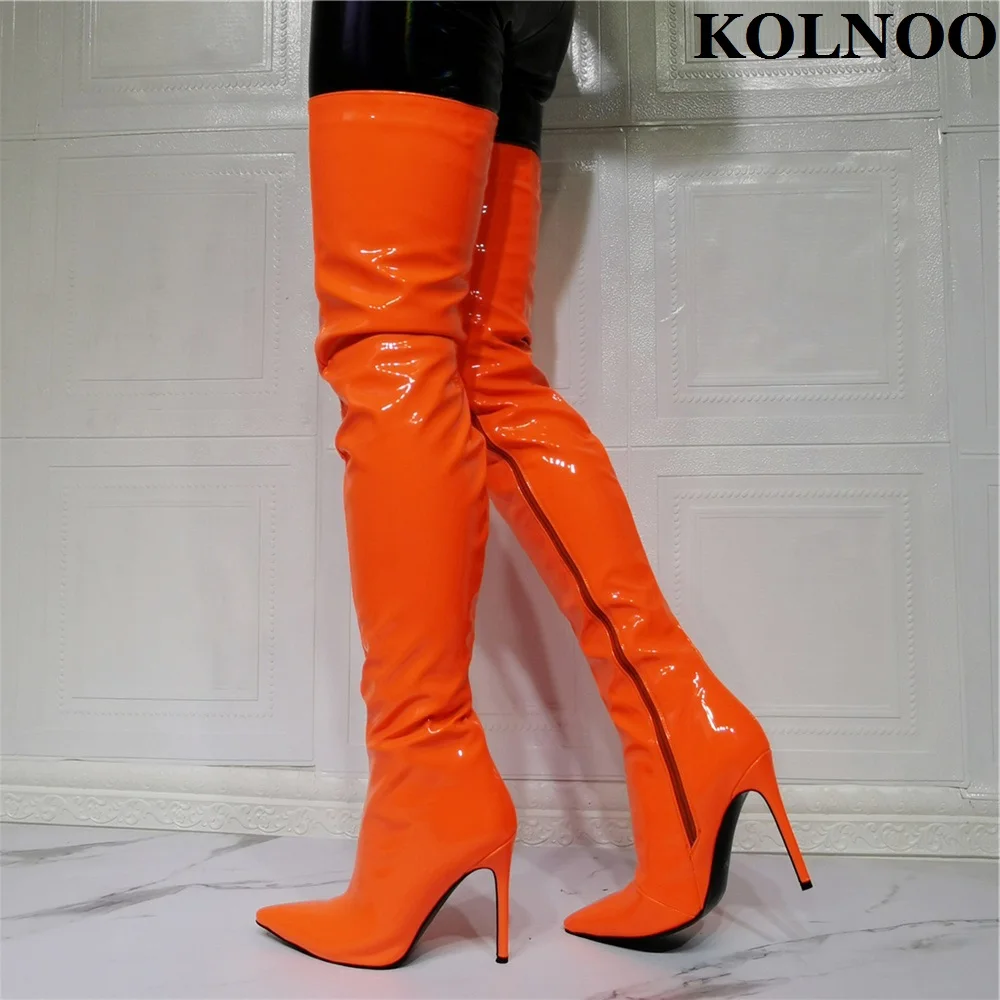 

Kolnoo New 2022 Handmade Ladies High Heel Boots Real Photos Faux Leather Over Knee Boots Pointy Evening Fashion Thigh-High Boots