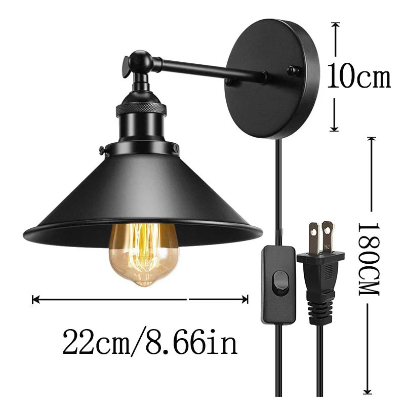 Vinatge-candelabro de pared para Loft, lámpara con enchufe, cable de 1,8 M, luz Industrial negra para el hogar, accesorios para sala de estar y