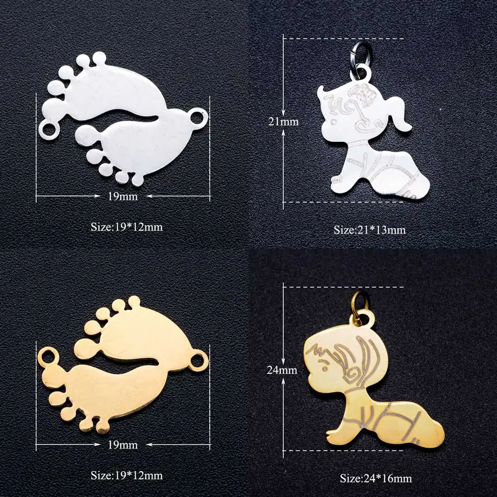 10pcs/lot 316L Stainless Steel Etched Baby Girl Boy Sole DIY Charm Palm Crown Heart Necklace Pendant Wholesale Jewelry Finding