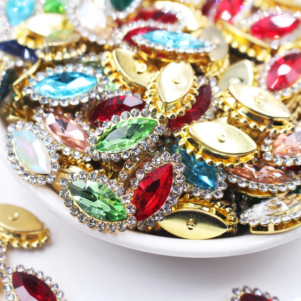 7x15mm Flache Goldbasis-Blumenkrallen zum Aufnähen, Rhombische Kristalle, Strass-Steine, Kleidungszubehör, Glasperlen – Detail 5