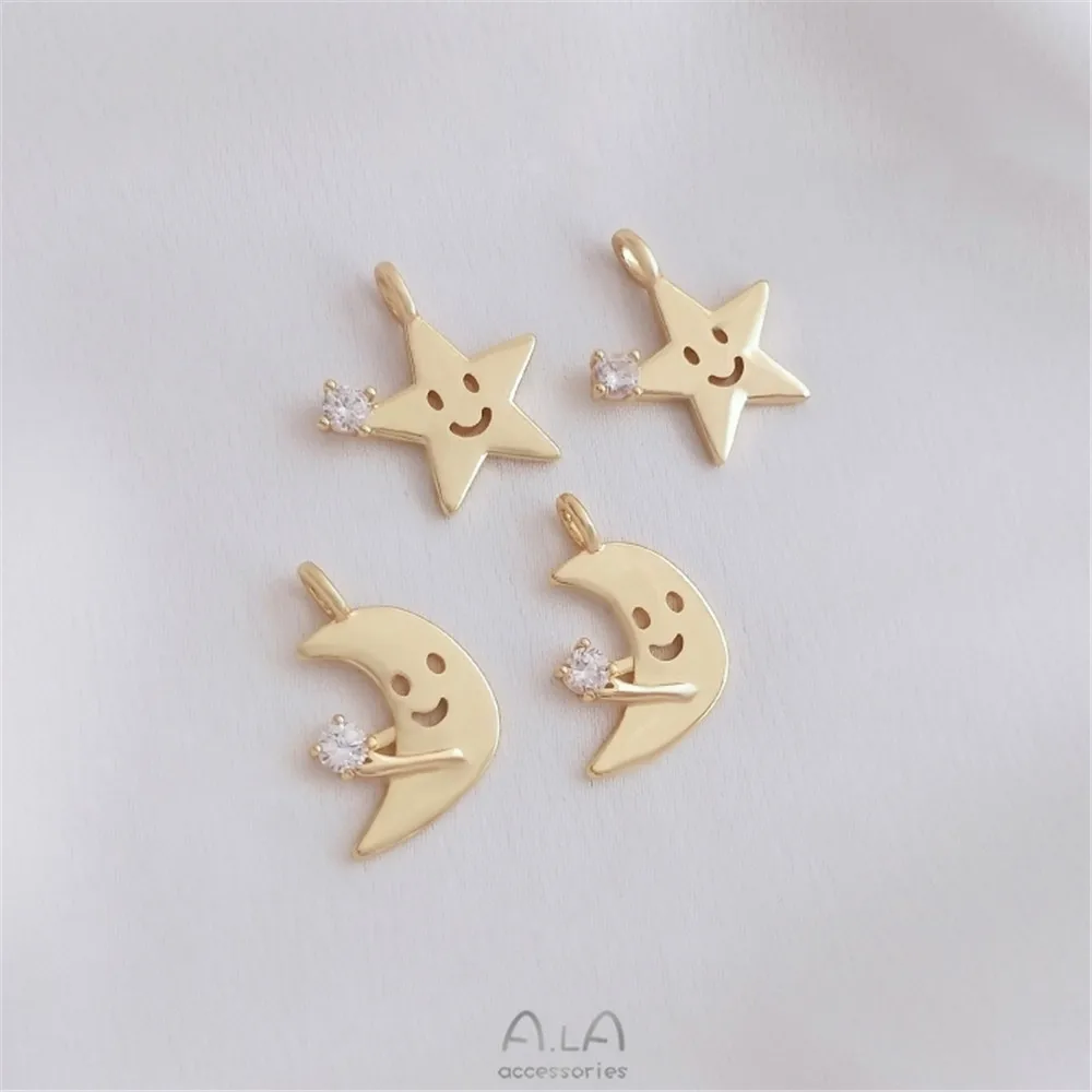Gold Plated Smiley Face Zircon Star Moon Pendant DIY Necklace Bracelet Charms