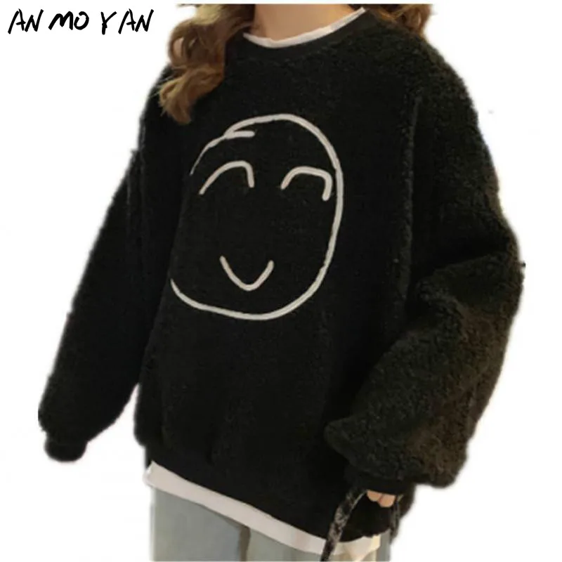 Winter New Cartoon Smiling Face Harajuku Women's Sweatshirt Korean Loose Lamb Wool Tops Pullover Hoodie