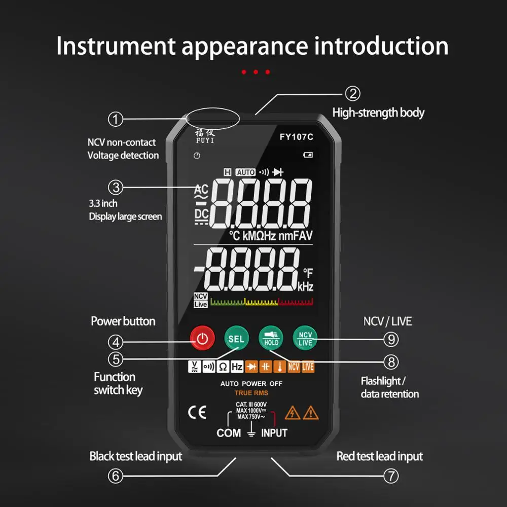 Digital Multimeter 6000 Counts True RMS AC/DC Voltage Resistance Capacitance Frequency Continuity Diode NCV Test LCD Temperature