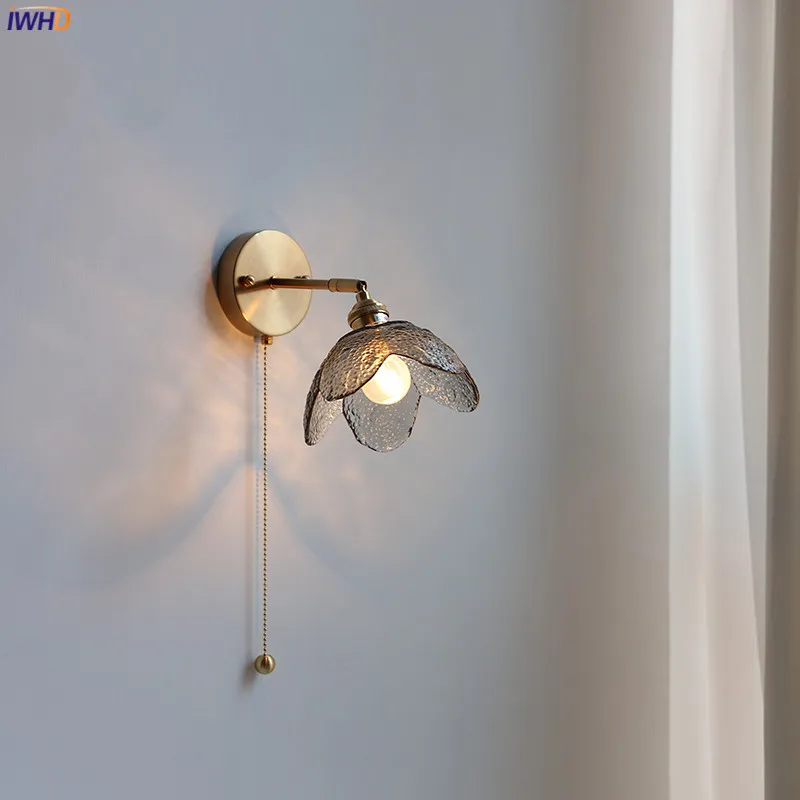 IWHD Pull Chain Switch LED Bathroom Mirror Light Gray Glass Lampshade Copper Nordic Modern Wall Lamp Sconce Wandlamp Lighting