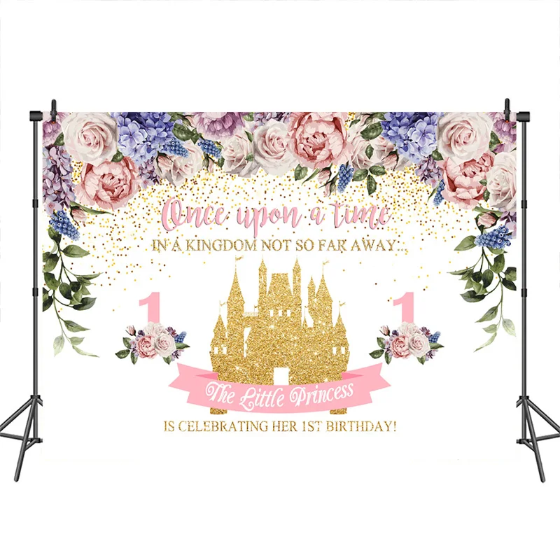 

1st Birthday Photography Backdrop Little Princess Once Upon a Time Gold Backdrops Castle Rose Background for Photo Booth