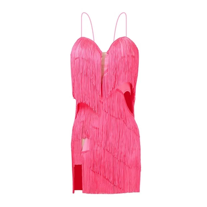 ZYMdancestyle Najnowsza sukienka do tańca latynoamerykańskiego # 2118 Seksowna różowo-żółta sukienka z frędzlami Rumba Chacha z frędzlami Piękna odzież tylna