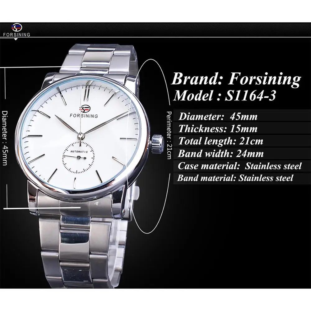 Forsining Mechanical Automatic Mens Watches Classic Man Watches Top Brand Luxury Silver Stainless Steel Business Fashion Clock