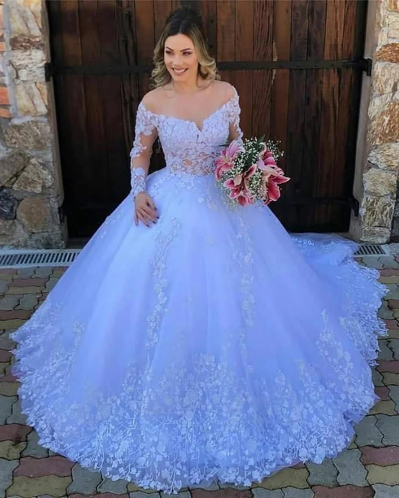 Vestido de noiva de princesa, vestido branco para baile, mangas compridas, plus size, 2021