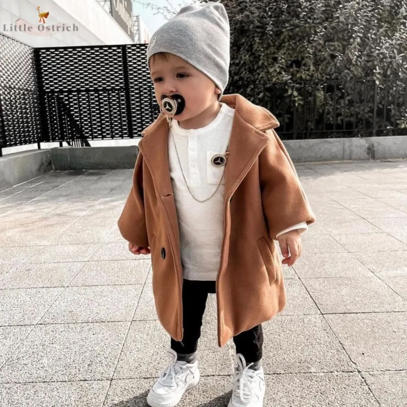 Baby Boy Girl Woolen Jacket Long Double Breasted Warm Infant Toddler Lapel Tweed Coat Spring Autumn Winter Baby Outwear Clothes