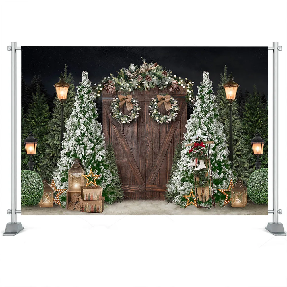 크리스마스 레트로 나무 문 사진 배경 눈 크리스마스 트리 장식 어린이 파티 Photocall 배경 사진 스튜디오