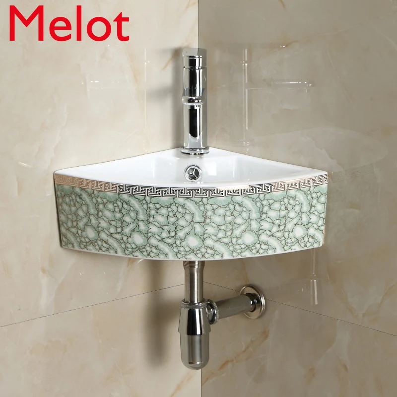 Ceramic Corner Basin Small Wash Basin Toilet Triangle Balcony Wall-Mounted Mini Triangle Basin Small Apartment Basin