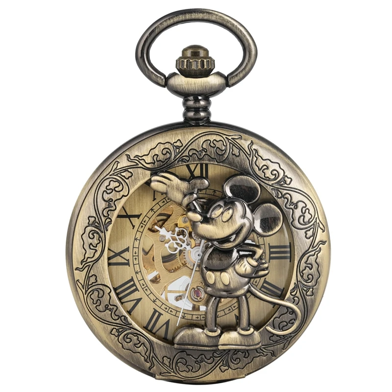 Bronze Mouse Hollow Out Mechanical Pocket Watch Retro Alloy Thick Chain Hand Winding Roman Numeral Dial Animal Pocket Watch Gift