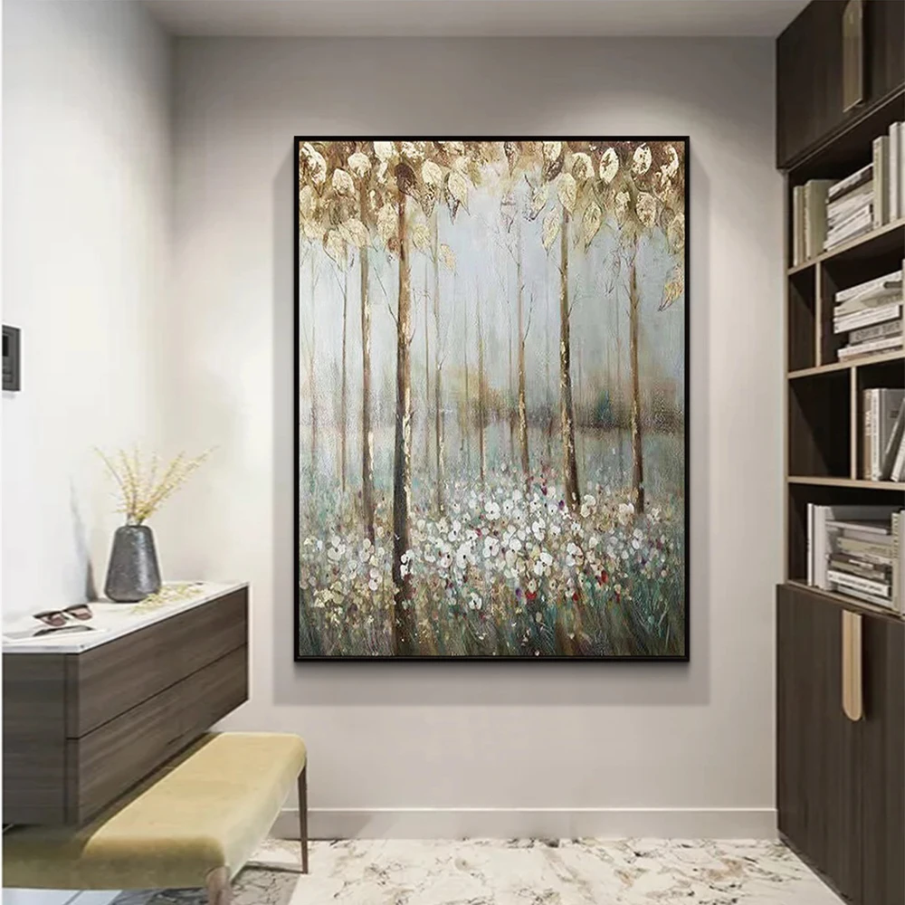 

Handpainted Texture Gold Foil Tree Oil Painting On Canvas for Living Room Office Decoration Modern Abstract 3D Wall Art Painting