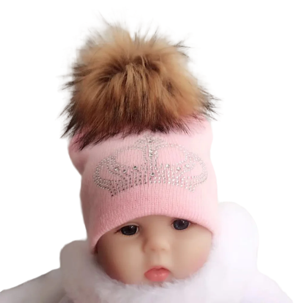 diamond embroidery baby knitted Warm Winter Wool hat cap girl boy kids faux fur pompom children crown beanies casual skullies