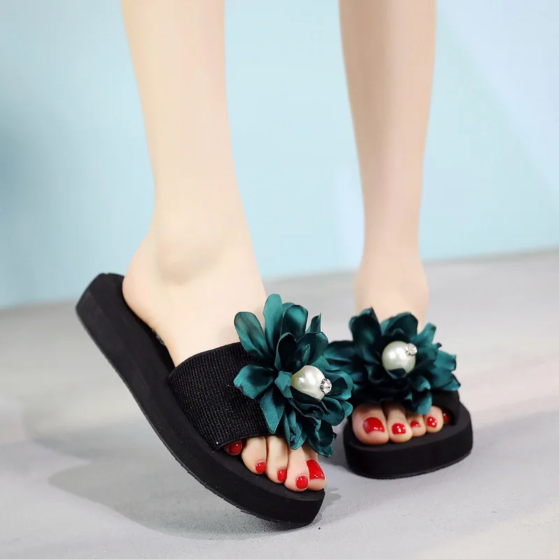 Women Summer Fashion High Heel Sandals Beach Shoes Women's Seaside Holiday Non-Slip Slippers Flowers Outdoor Casual Slippers