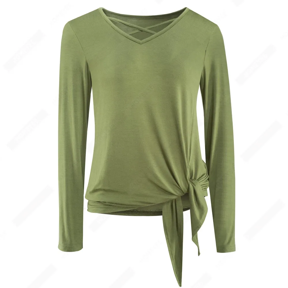 Autumn Women Classy Solid Color Cross Bandage Casual Loose Pullovers Tees Tops  ET057