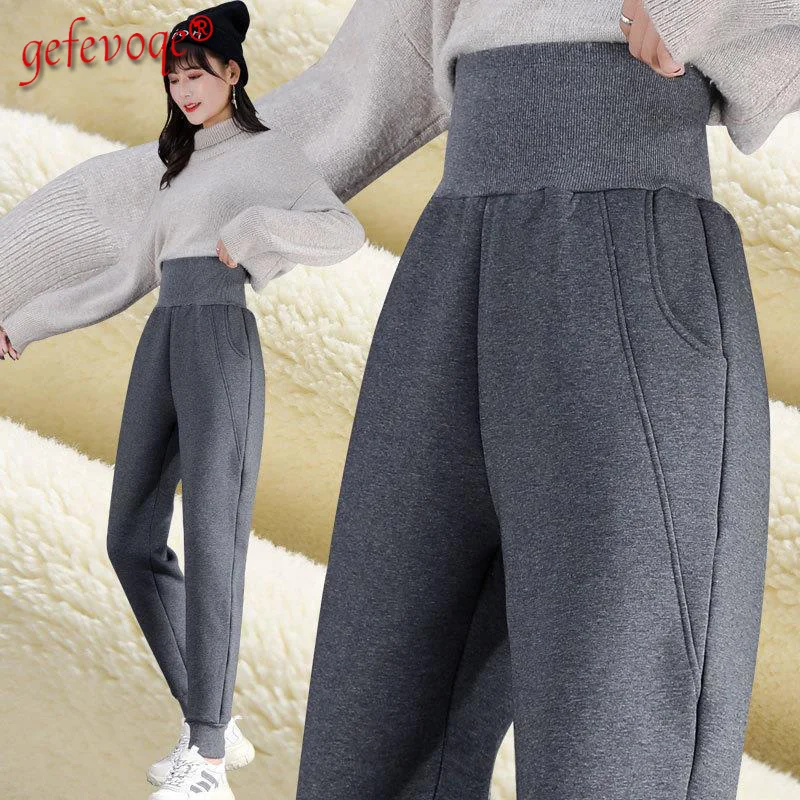 

Winter Streetwear Korean Fashion Trousers Women Casual Letter Fleece Thicken High Waist Sport Harem Pants Female Sweatpants 4XL