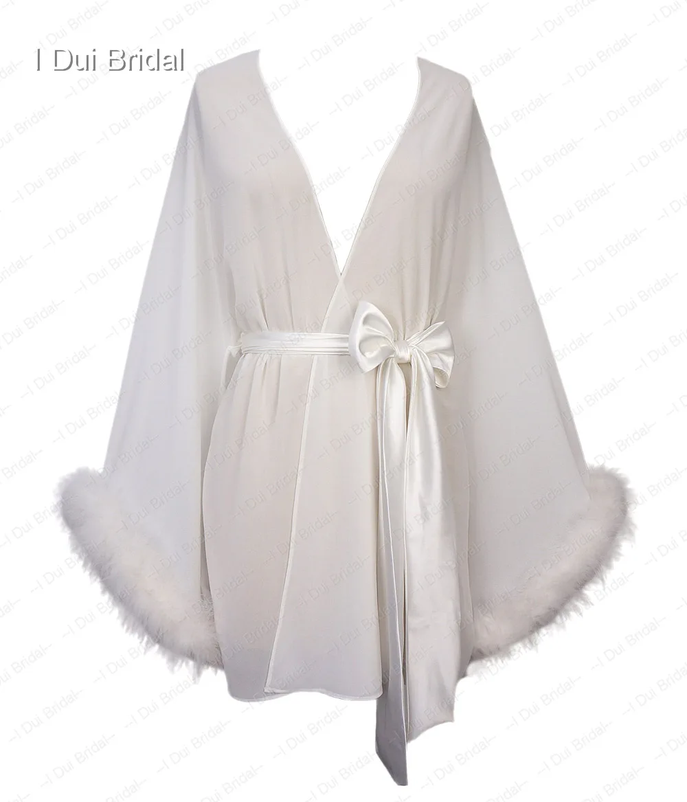 Bride Short Chiffon Robe with Marabou Trim on Sleeve Summer Holiday Dress with Sash Sexy Night Gown Pajamas Bachelore Party Robe